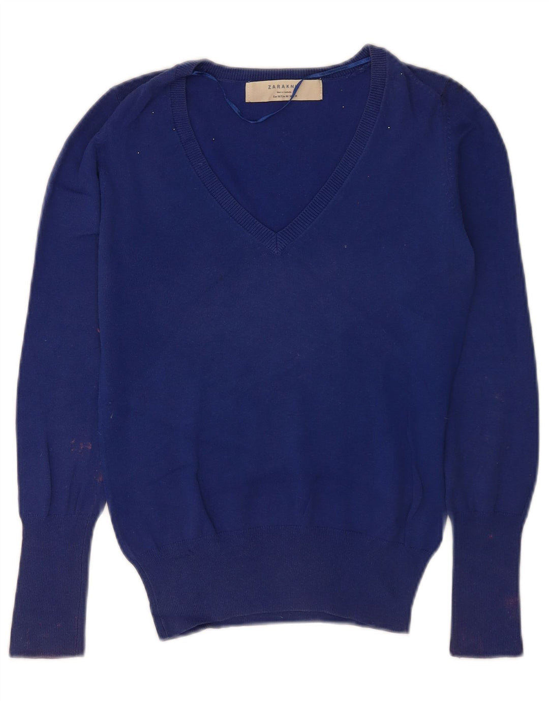 Zara Damen-Pullover mit V-Ausschnitt, UK 12, mittelblaue Baumwolle