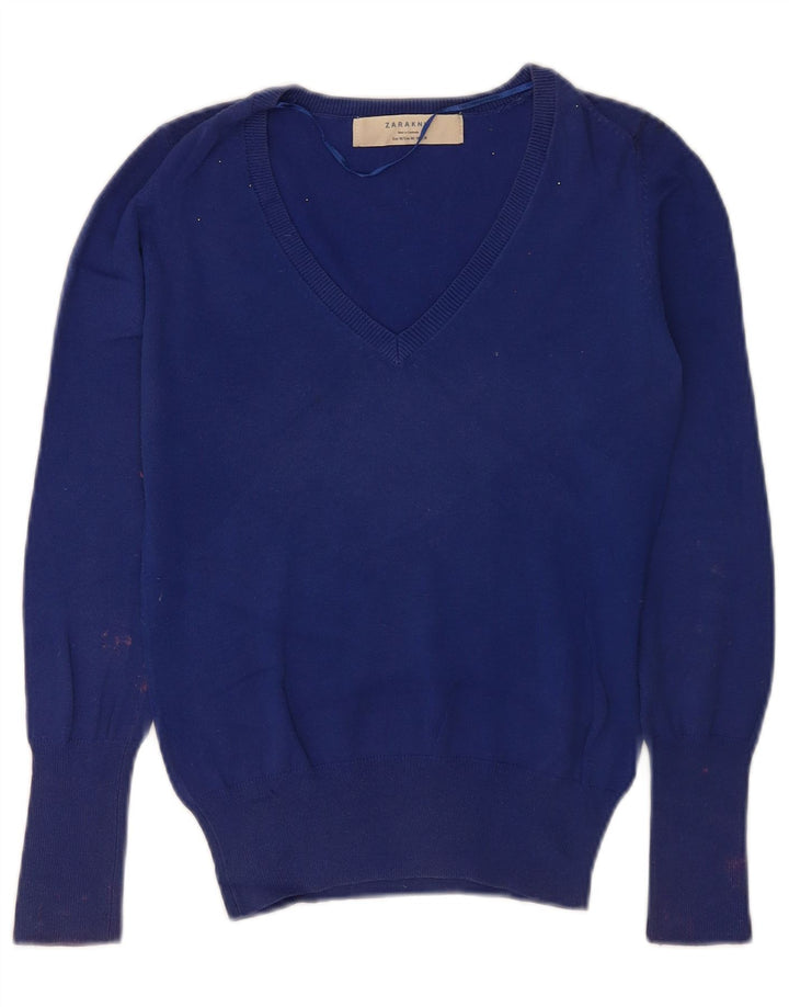 Zara Damen-Pullover mit V-Ausschnitt, UK 12, mittelblaue Baumwolle