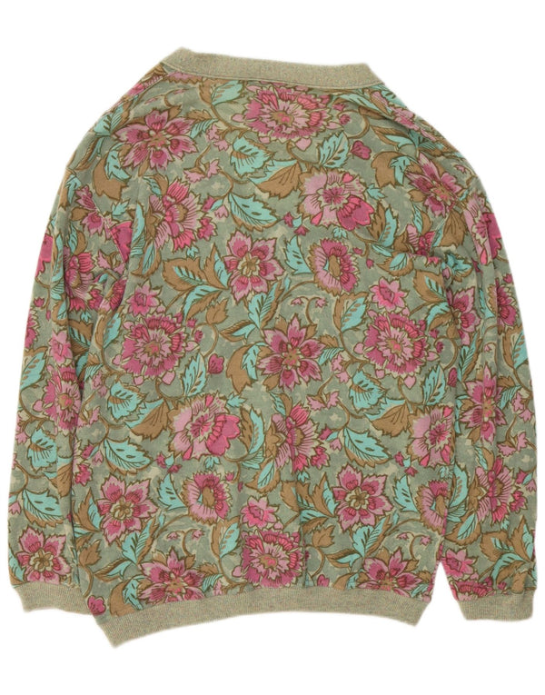 Vintage Damen Oversized Cardigan Pullover UK 14 Mittelgrüne geblümte Wolle