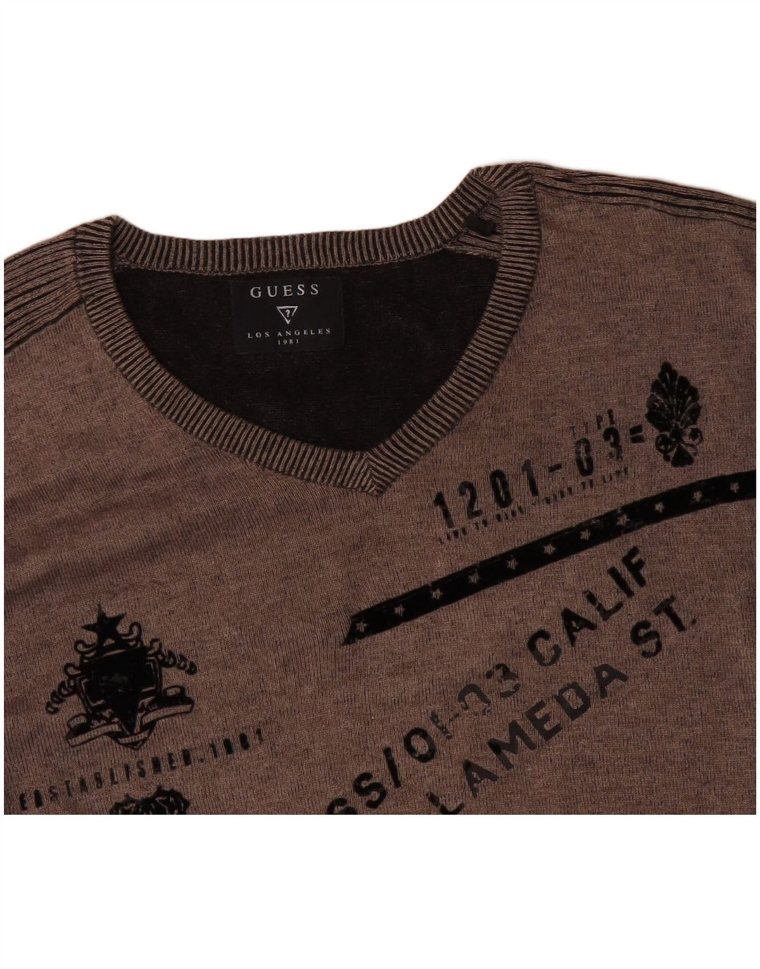 GUESS Herren-Pullover mit grafischem V-Ausschnitt, XL, Grau