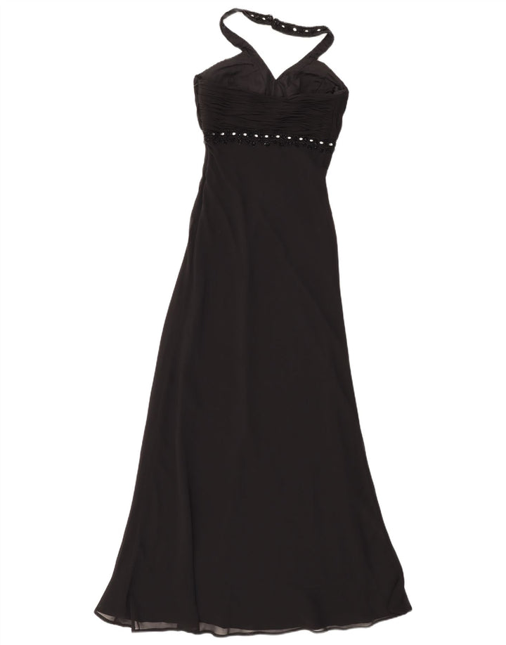 Vintage Damen Maxi Neckholder Kleid UK 8 Small Schwarz Polyester
