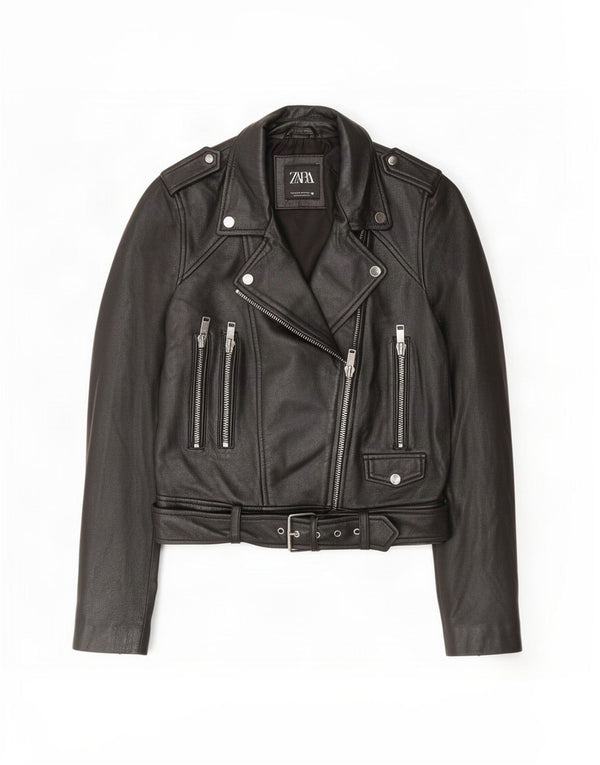 Zara Damen Leder Bikerjacke UK 12 Medium Schwarz