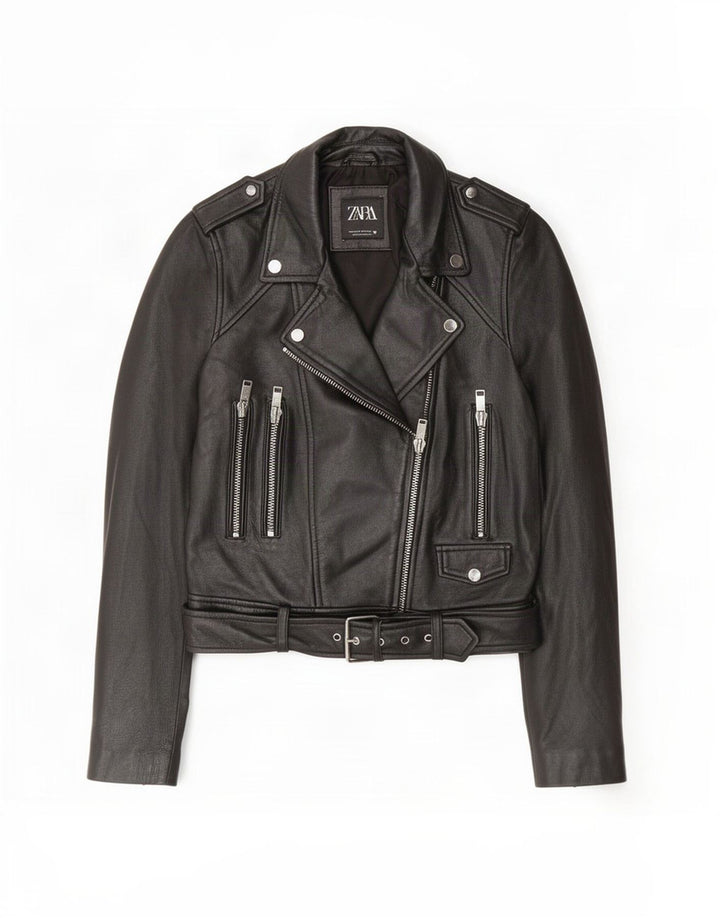 Zara Damen Leder Bikerjacke UK 12 Medium Schwarz