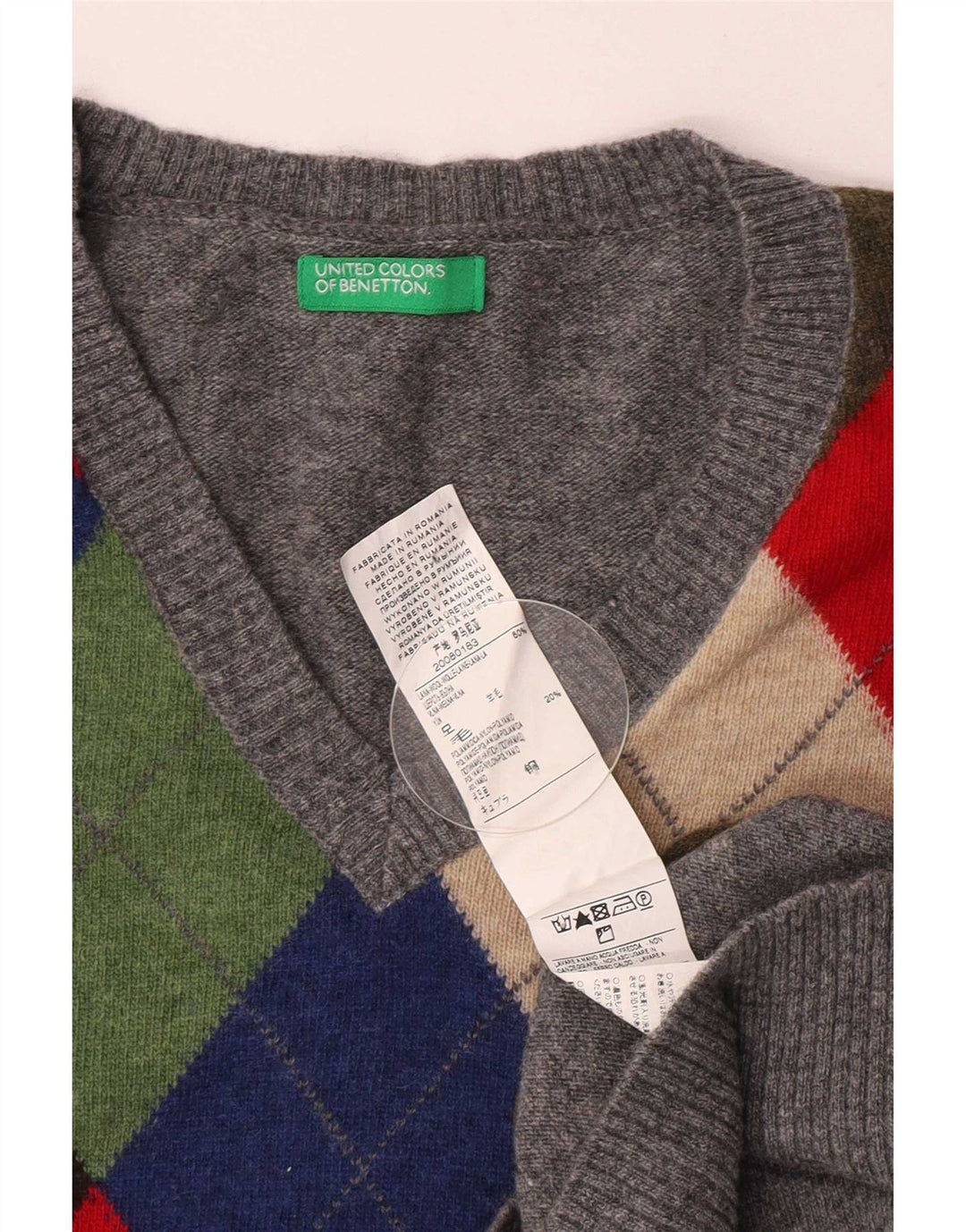 Benetton Herren-Pullover mit V-Ausschnitt, mittelgraue Argyle-/Diamantwolle