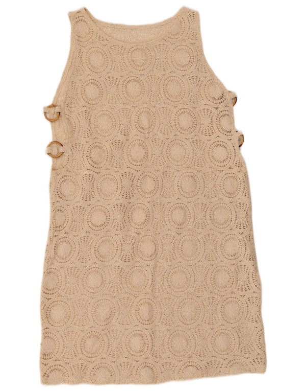 VINTAGE Damen Gehäkeltes ärmelloses Etuikleid UK 10 Small Beige Baumwolle