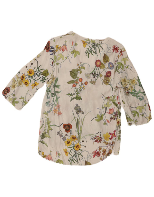 Zara Damen Pullover-Hemd mit 3/4-Ärmeln, lockerer Passform, UK 4 XS, weiß geblümt