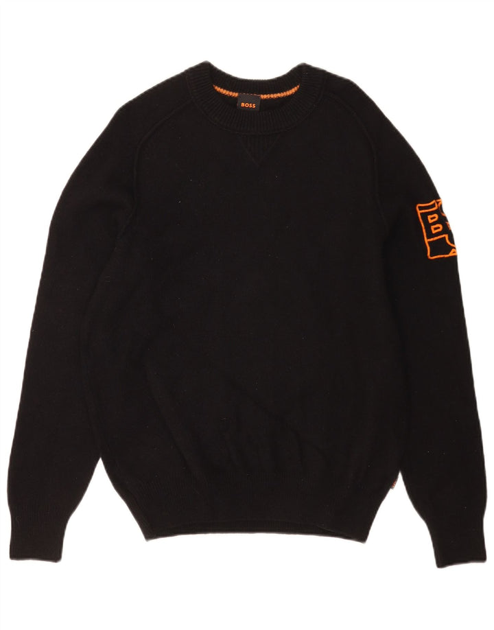 Hugo Boss Herren-Pullover mit grafischem Rundhalsausschnitt, mittelschwarze Baumwolle