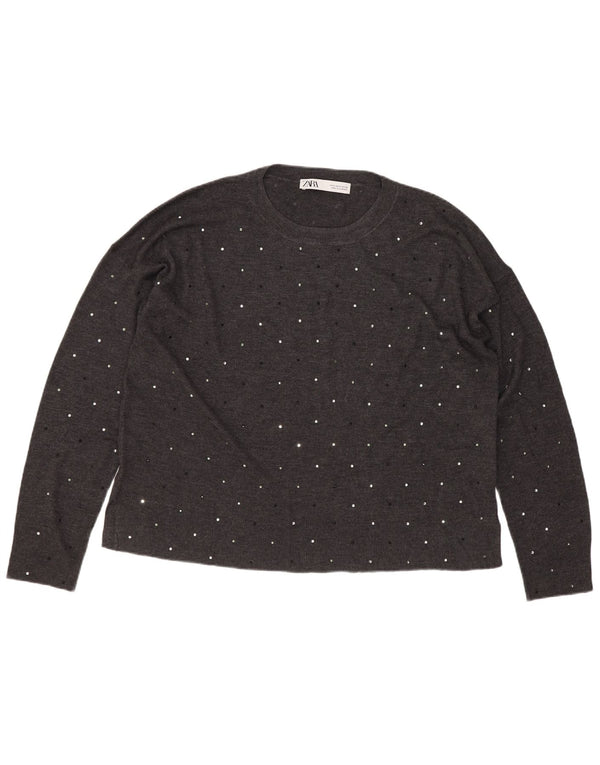 Zara Damen Crop Crew Neck Pullover Pullover UK 10 Small Grau gepunktet