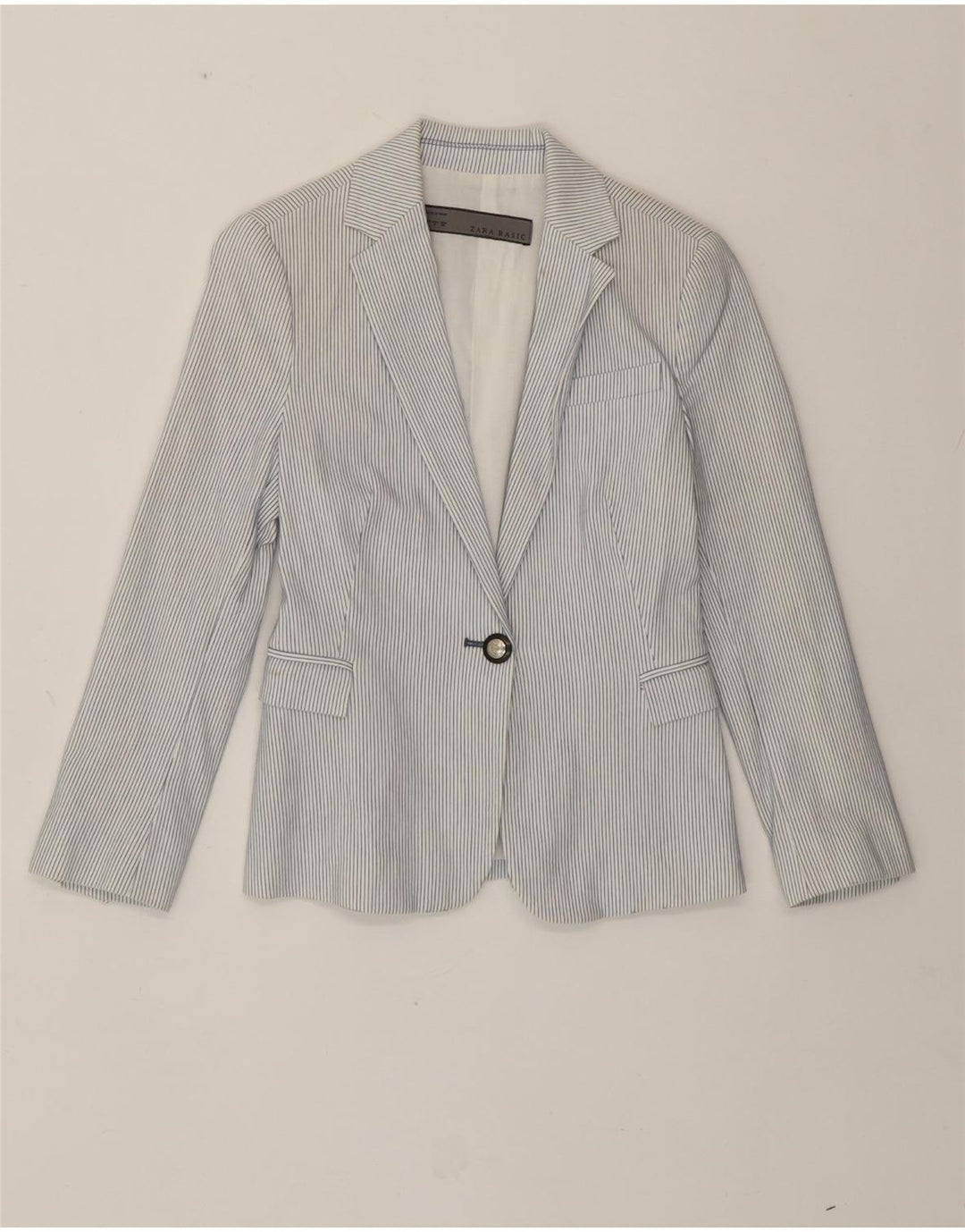 Zara Damen-Blazer mit 1 Knopf, Gr. 10, Größe S, weiße Nadelstreifen-Baumwolle