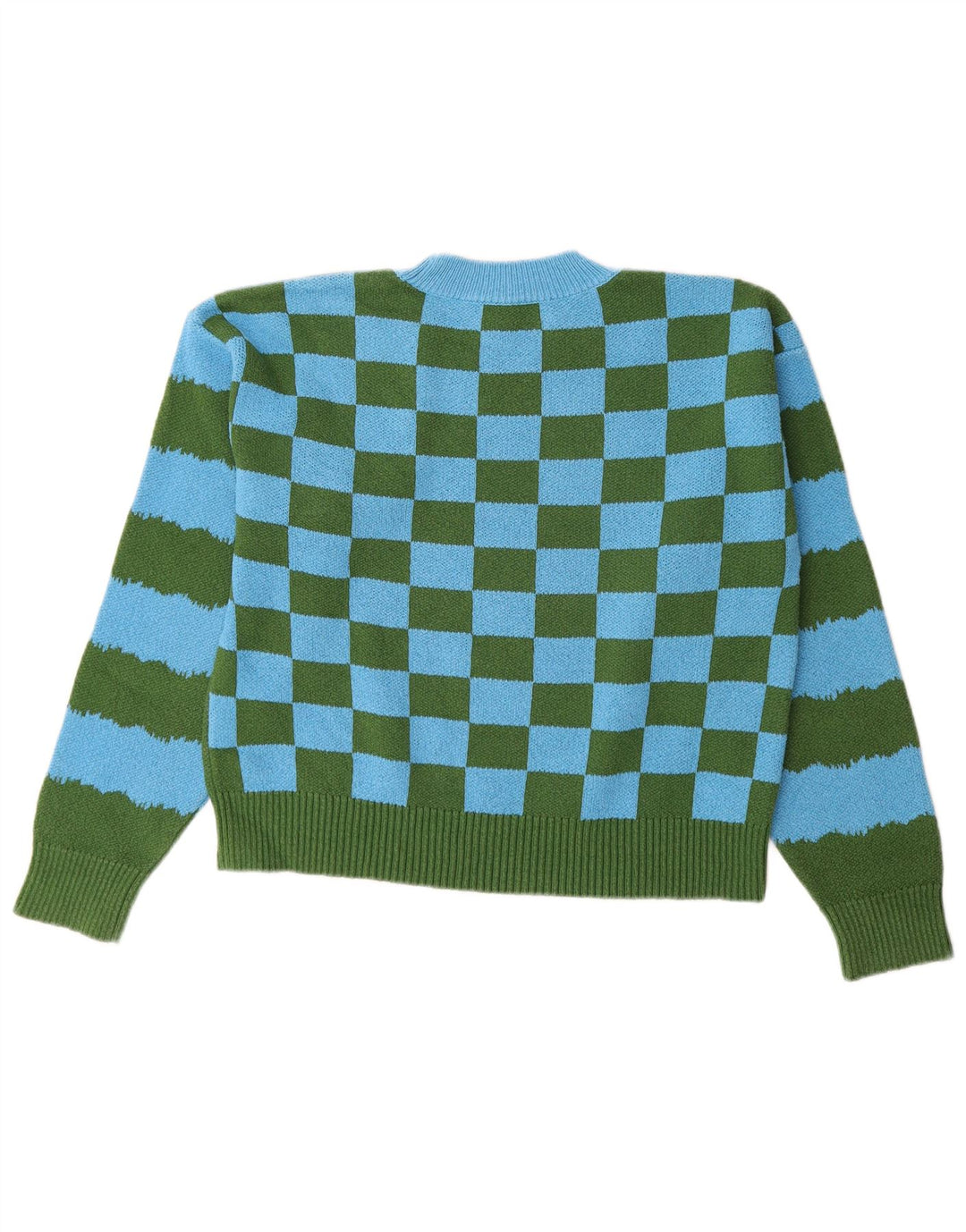 Zara Damen-Pullover mit grafischem Rundhalsausschnitt, Gr. 16, groß, grün kariert, Baumwolle