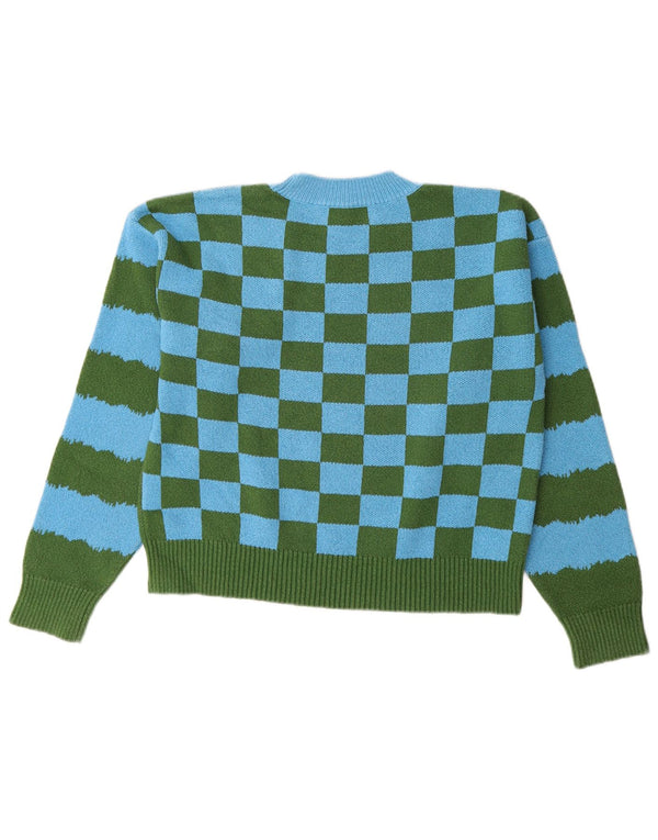 Zara Damen-Pullover mit grafischem Rundhalsausschnitt, Gr. 16, groß, grün kariert, Baumwolle