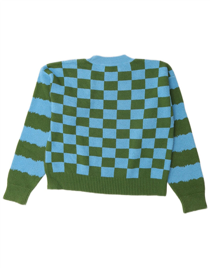 Zara Damen-Pullover mit grafischem Rundhalsausschnitt, Gr. 16, groß, grün kariert, Baumwolle