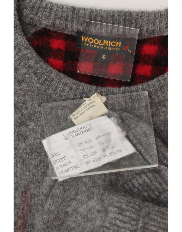 WOOLRICH Womens Graphic Crew Neck Jumper Sweater UK 10 Small Grey Wool Vintage Woolrich and Second-Hand Woolrich from Messina Hembry 