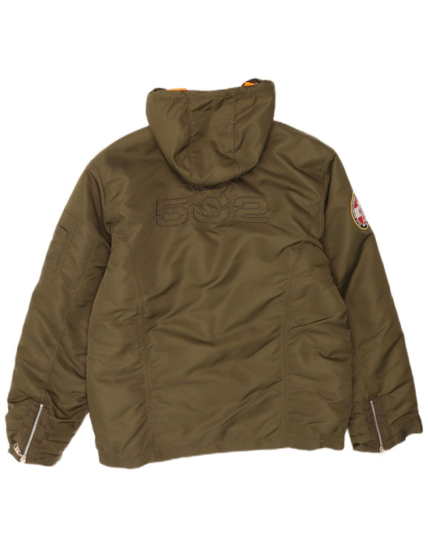 Wattierte Vintage-Herrenjacke mit grafischer Kapuze, UK 44 2XL, Khaki-Nylon