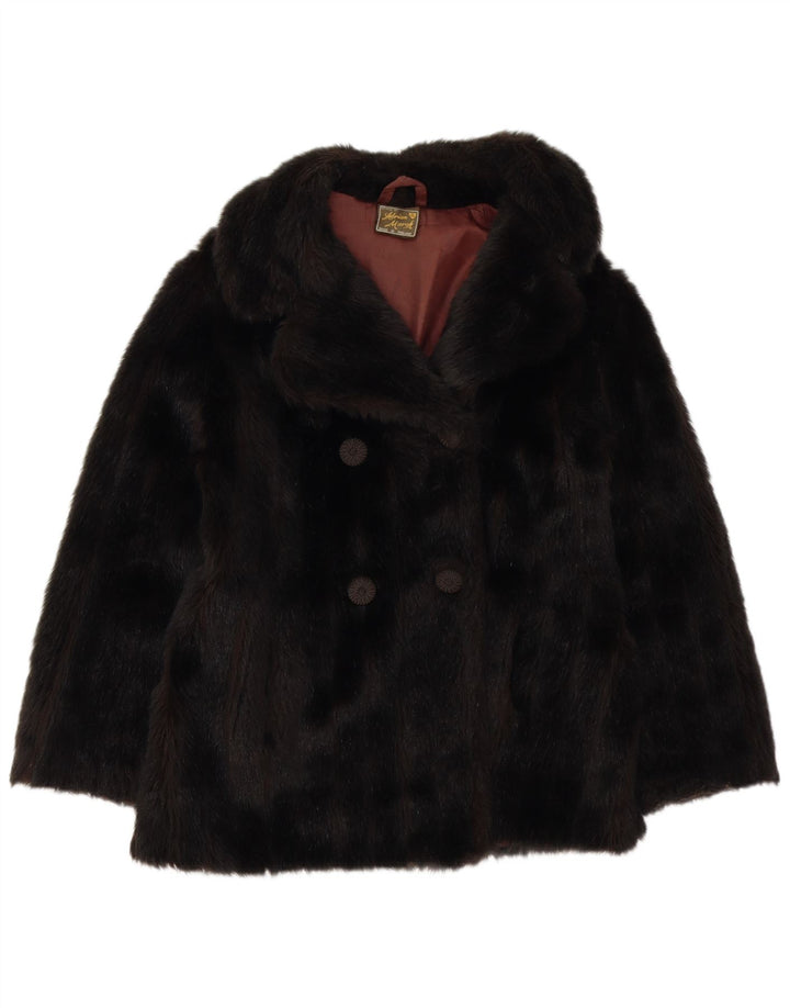 VINTAGE Damen Kunstfell-Zweireihermantel UK 10 Small Schwarz Acryl