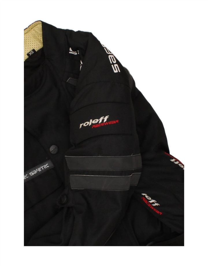 ROLEFF Mens Graphic Racer Jacket UK 34 XS Black Polyester Vintage ROLEFF and Second-Hand ROLEFF from Messina Hembry 