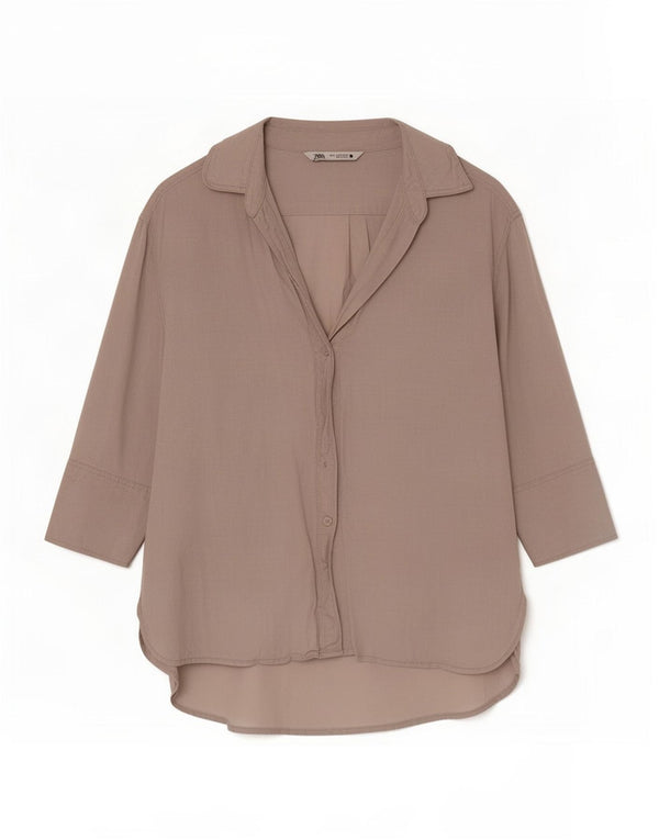 Zara Damen 3/4-Ärmel-Overshirt-Hemd UK 6 XS Beige Leinen