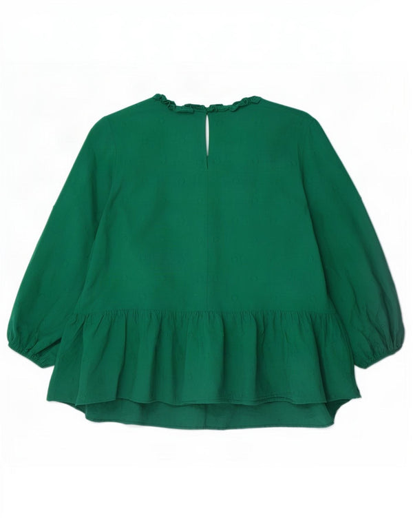 Zara Damen Langarm-Blusenoberteil UK 18 XL grün gepunktete Baumwolle