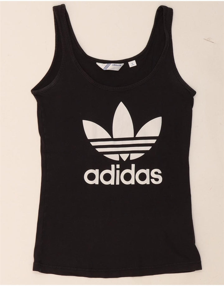 ADIDAS Womens Graphic Vest Top EU 36 Small Black Cotton Vintage Adidas and Second-Hand Adidas from Messina Hembry 