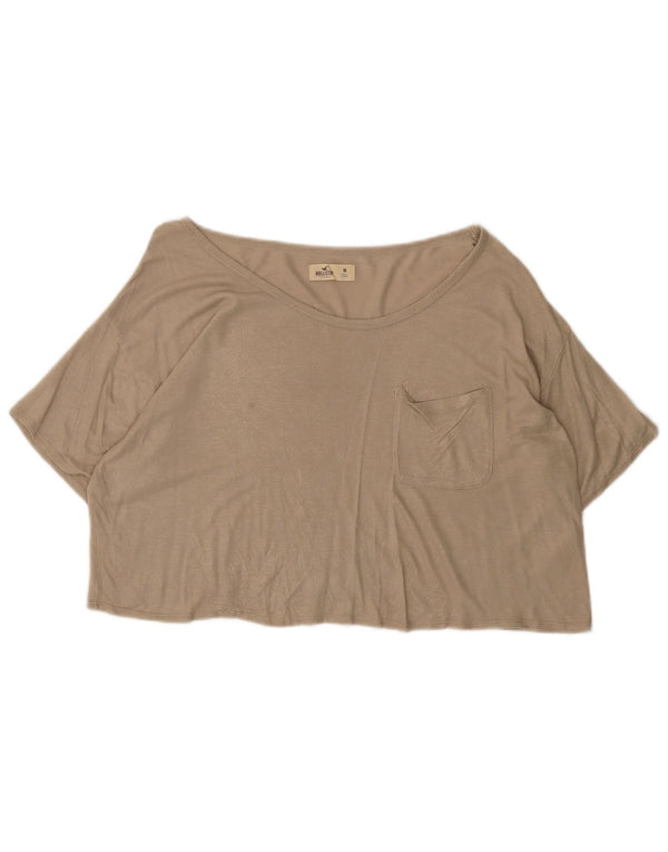 Hollister Damen Crop T-Shirt Top UK 14 Mittelbeige gefleckte Viskose