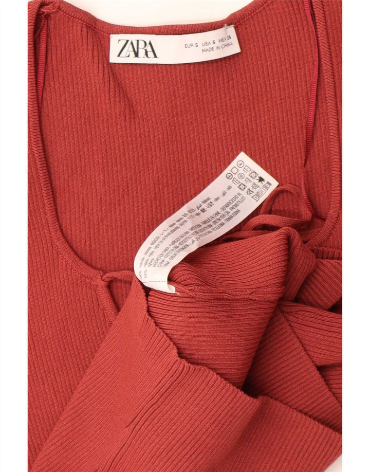 Zara Damen Crop Top Langarm UK 8 Small Rote Viskose