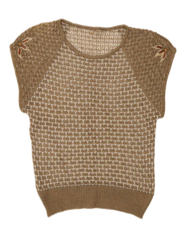 VINTAGE Womens See Through Vest Tank Top UK 12 Medium Beige Geometric