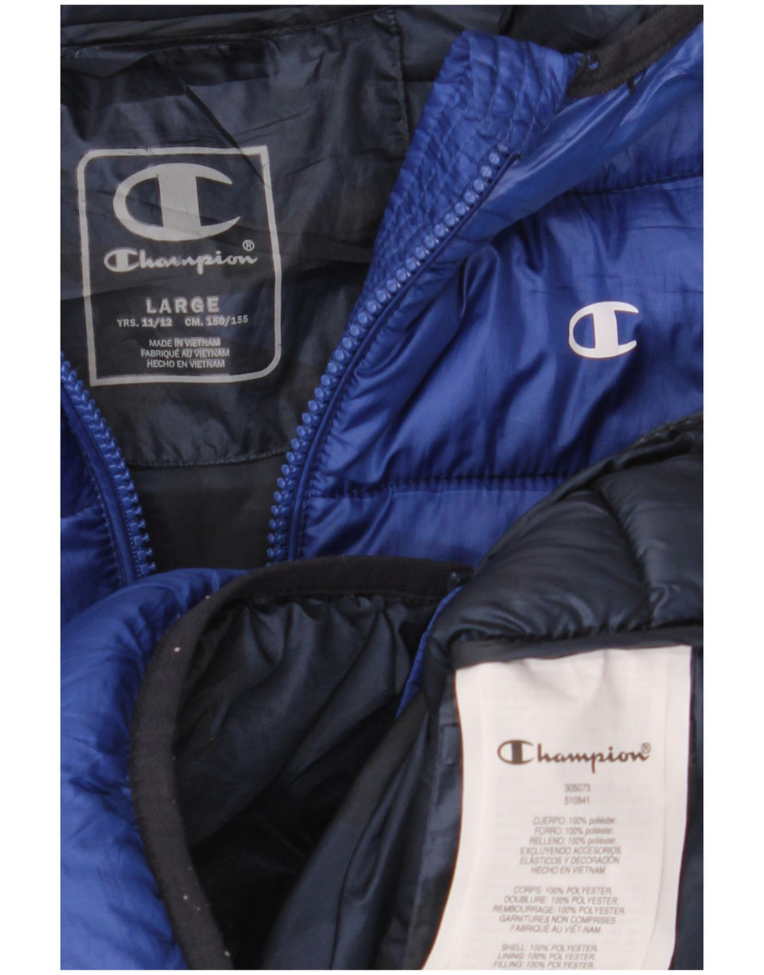 Champion Wattierte Jacke mit grafischer Kapuze für Jungen, 11–12 Jahre, groß, blaues Polyester