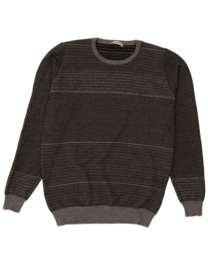 Vintage Herren-Pullover mit Rundhalsausschnitt, klein, grau gestreift, Schurwolle