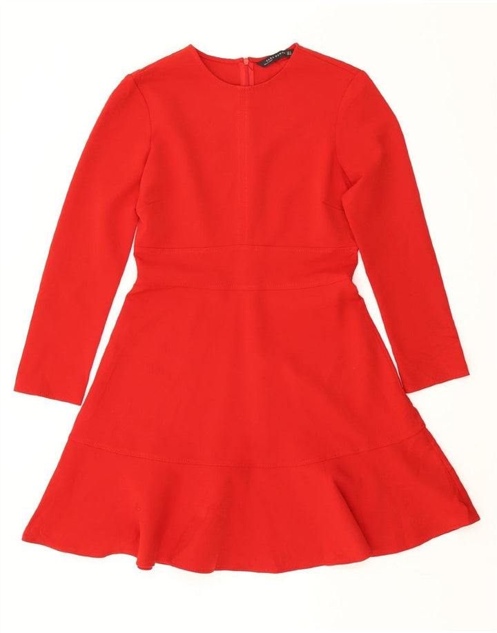 ZARA Damen Langarm-A-Linien-Kleid UK 12 Mittelrotes Polyester