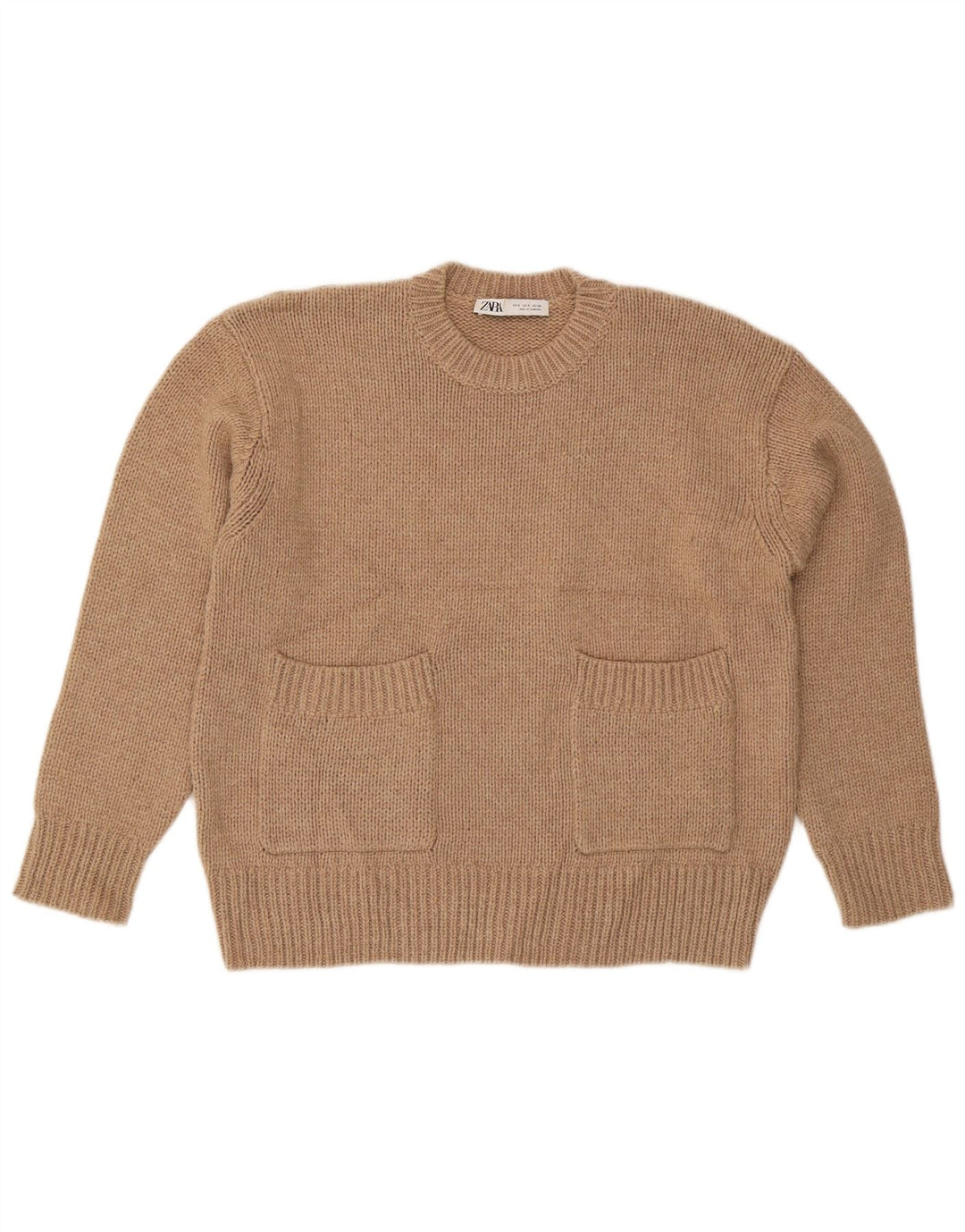 Zara Damen-Pullover, übergroß, Rundhalsausschnitt, Gr. 10, Größe S, Beige, Polyester