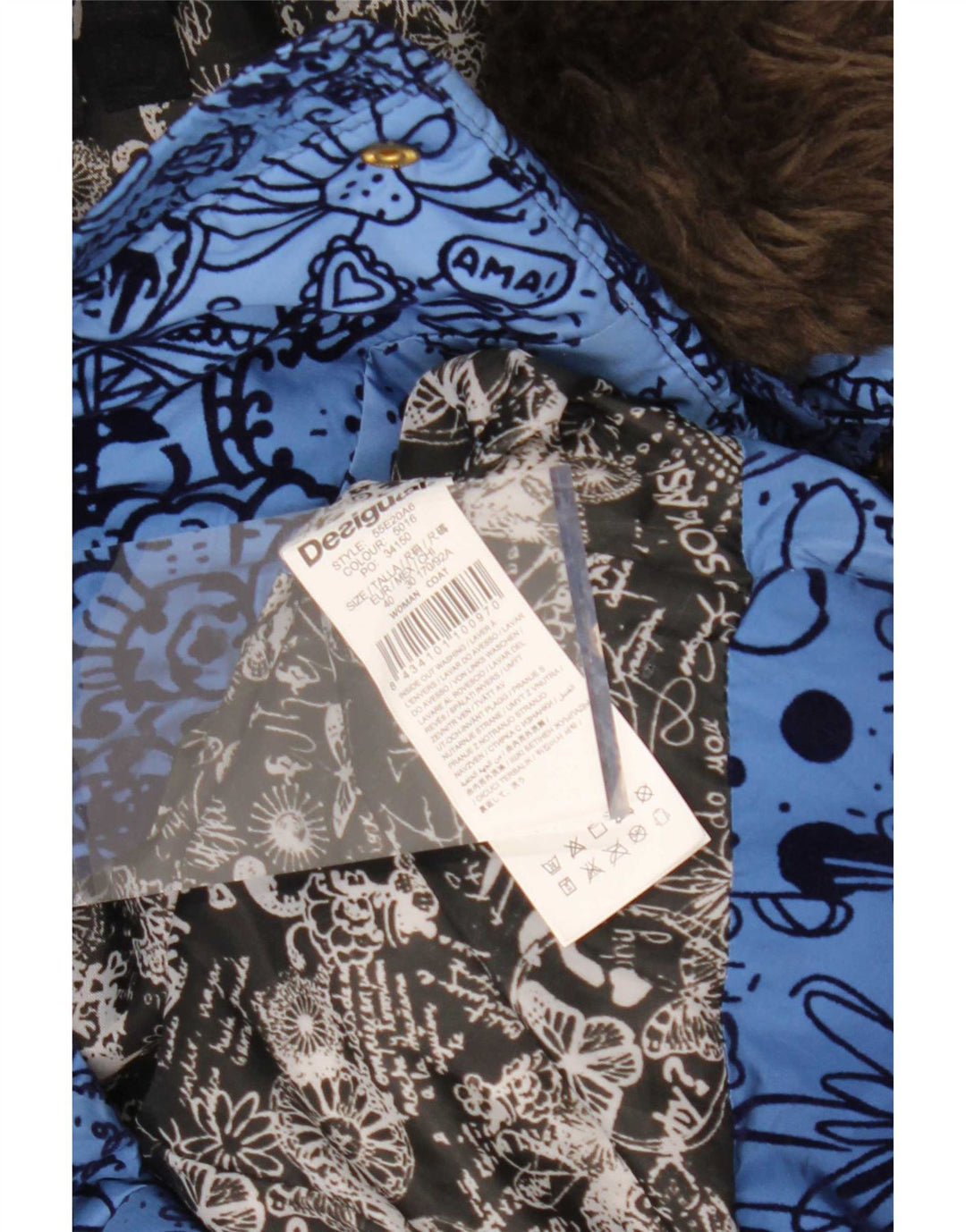 Desigual Damen Kapuzenmantel, gepolstert, EU 40, mittelblaues Blumenmuster, Polyester