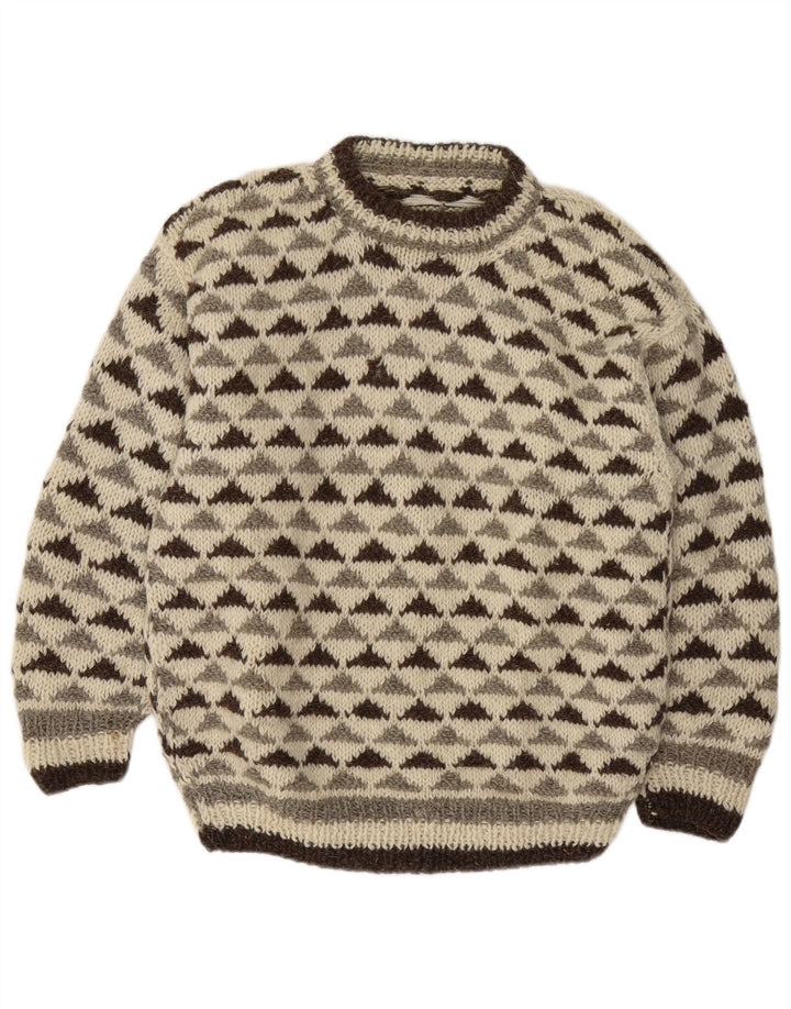 Vintage Herren-Pullover mit Rundhalsausschnitt, mittelgroß, cremefarben, geometrisch