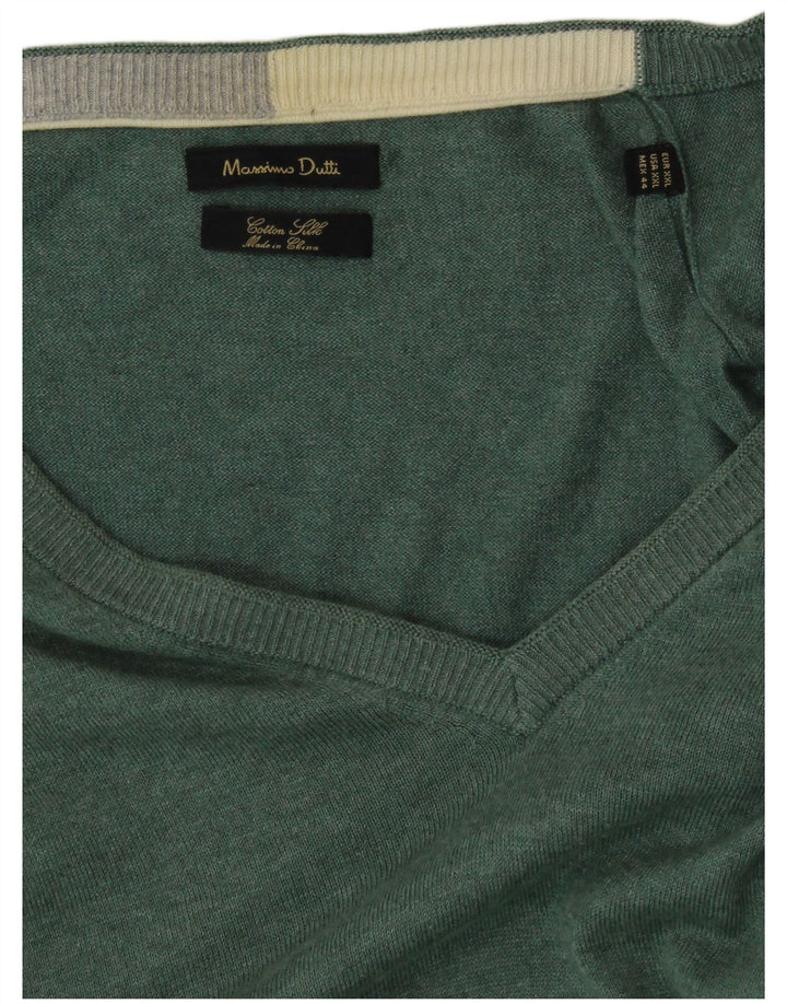 MASSIMO DUTTI Herren-Pullover mit V-Ausschnitt, 2XL, grüne Baumwolle