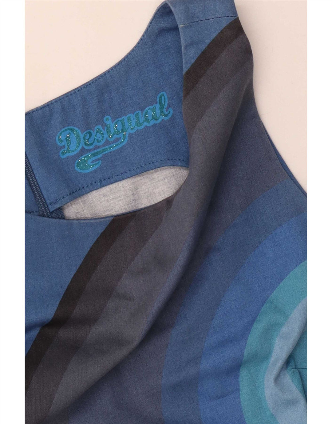 Desigual Damen Grafisches ärmelloses Etuikleid EU 38 Mittelblau gestreift