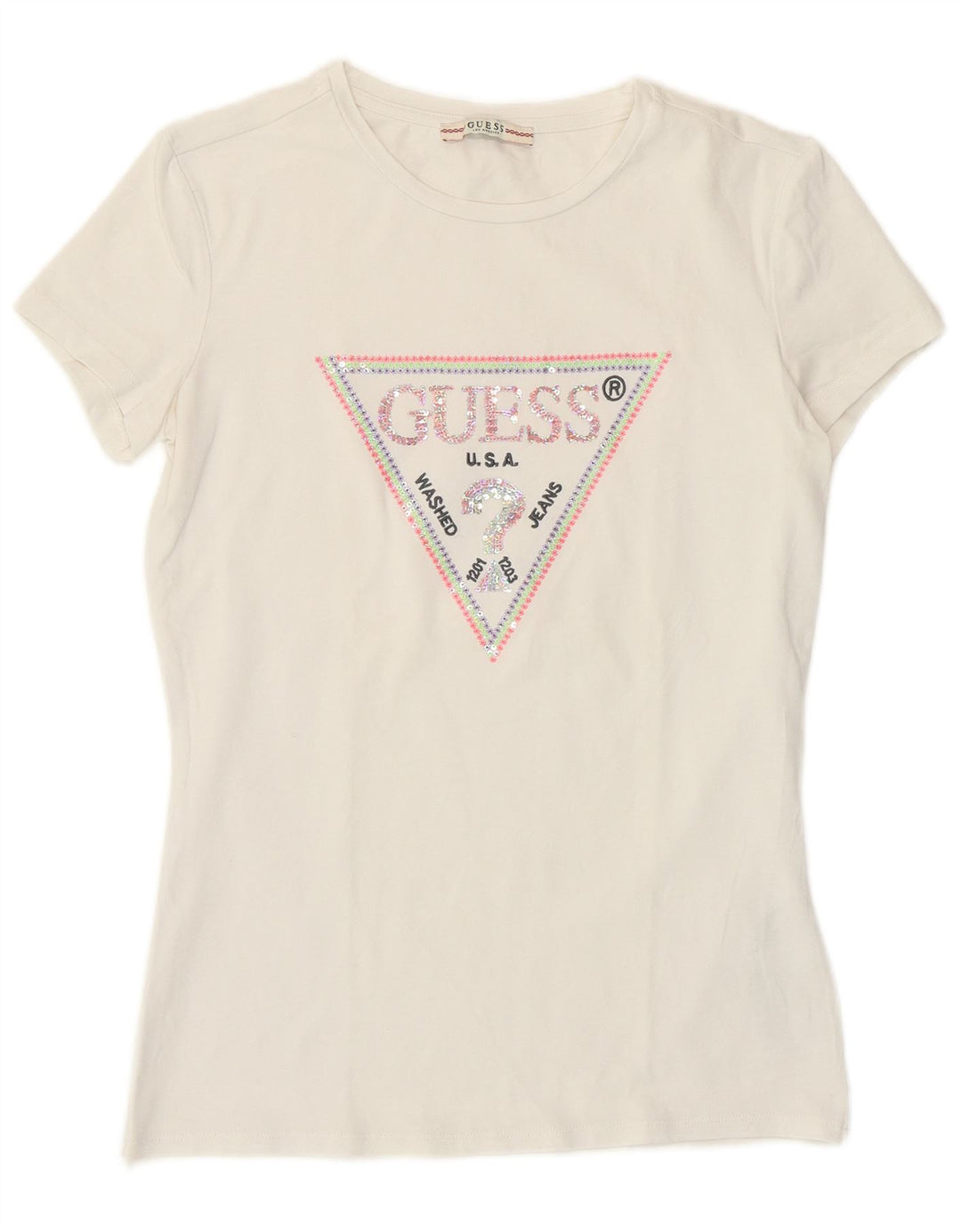 Guess Grafik-T-Shirt-Oberteil für Damen, UK 12, mittelweiße Baumwolle