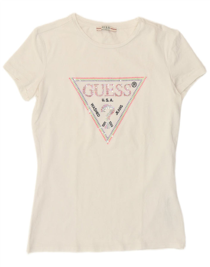 Guess Grafik-T-Shirt-Oberteil für Damen, UK 12, mittelweiße Baumwolle
