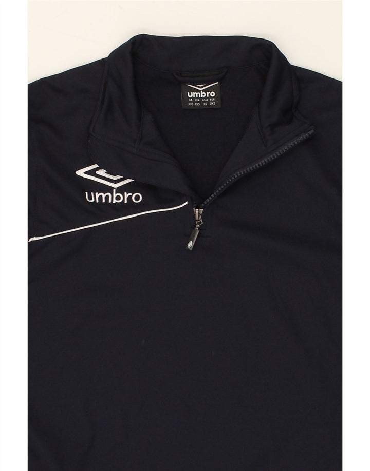 UMBRO Boys Zip Neck Sweatshirt Jumper 8-9 Years 2XS Navy Blue Polyester Vintage Umbro and Second-Hand Umbro from Messina Hembry 