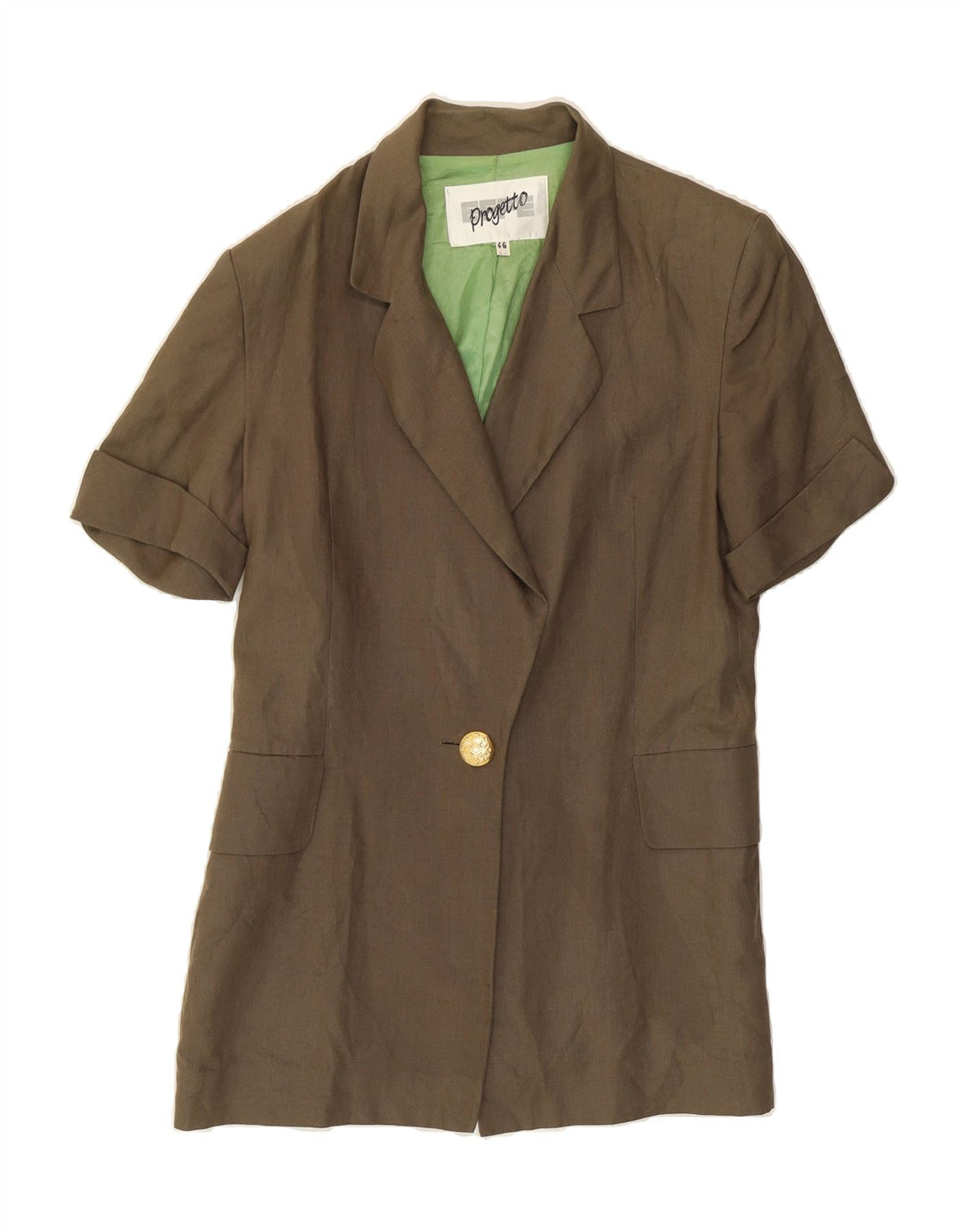 VINTAGE Womens Short Sleeve 1 Button Blazer Jacket IT 46 Large Khaki Linen Vintage Vintage and Second-Hand Vintage from Messina Hembry 