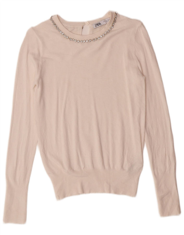 Zara Damen-Pullover mit U-Boot-Ausschnitt, Gr. 10, Größe S, cremefarbene Viskose