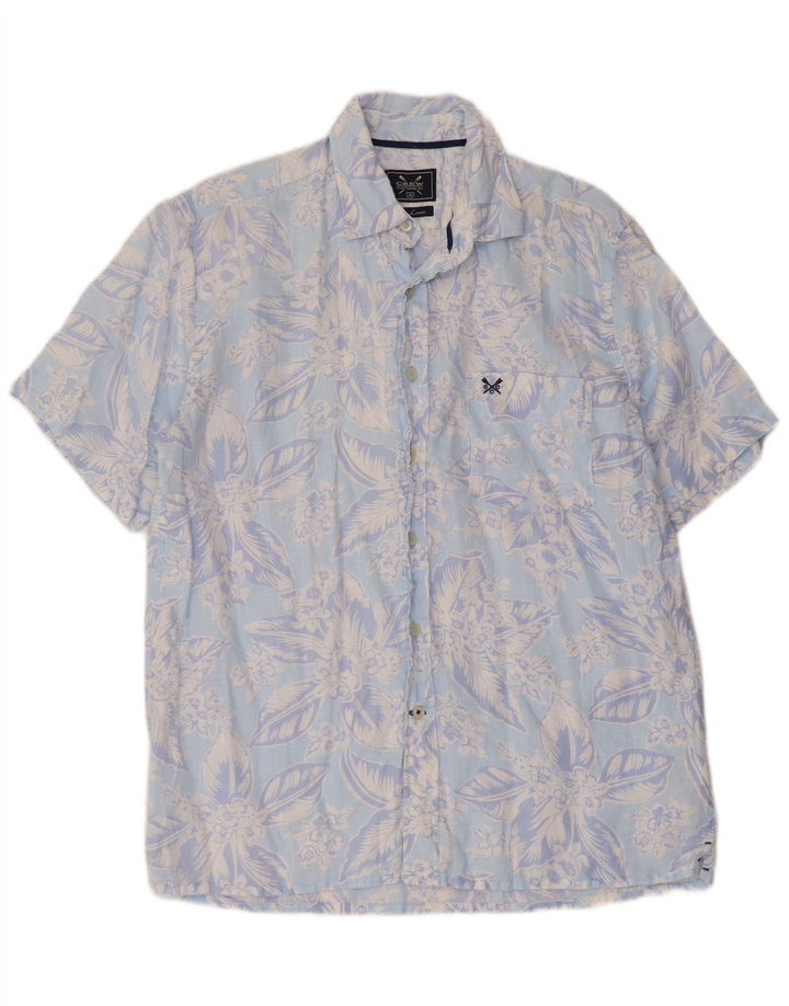 Crew Clothing Herren-Kurzarmhemd aus mittelblauem, geblümtem Leinen