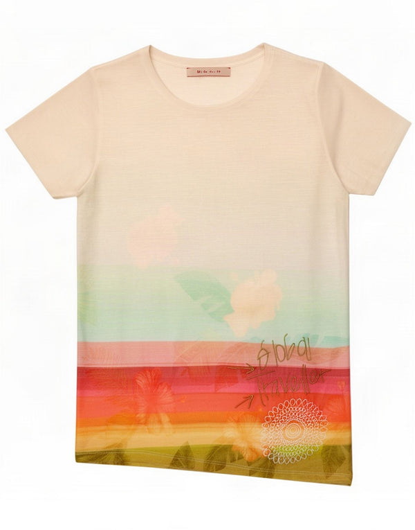 Desigual Damen Grafik-T-Shirt-Oberteil UK 12 Medium White Floral Polyester