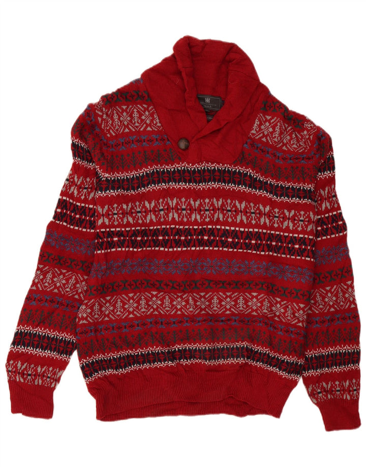 Marks & Spencer Herren-Pullover mit Schalkragen, Mittelrot, Fair Isle-Muster