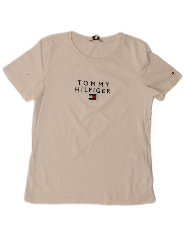 Tommy Hilfiger Damen-T-Shirt mit Grafik, UK 12, mittelweiße Baumwolle