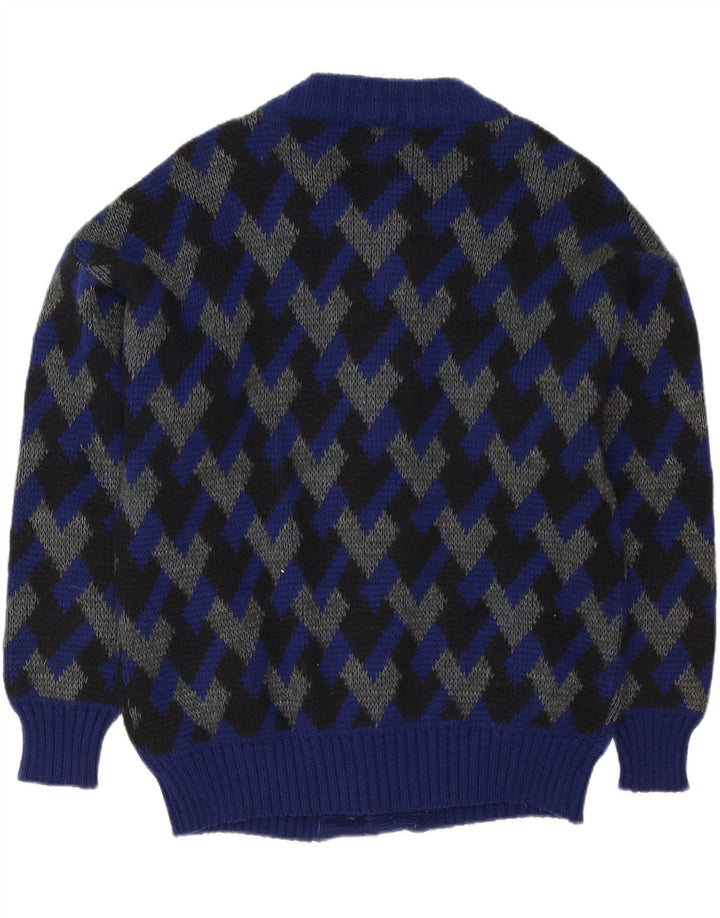 Vintage Herren Cardigan Pullover IT 52 Große marineblaue geometrische Wolle