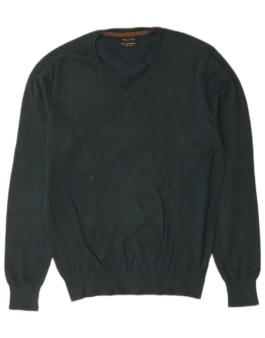 Massimo Dutti Herren-Pullover mit V-Ausschnitt, Größe S, grüne Baumwolle