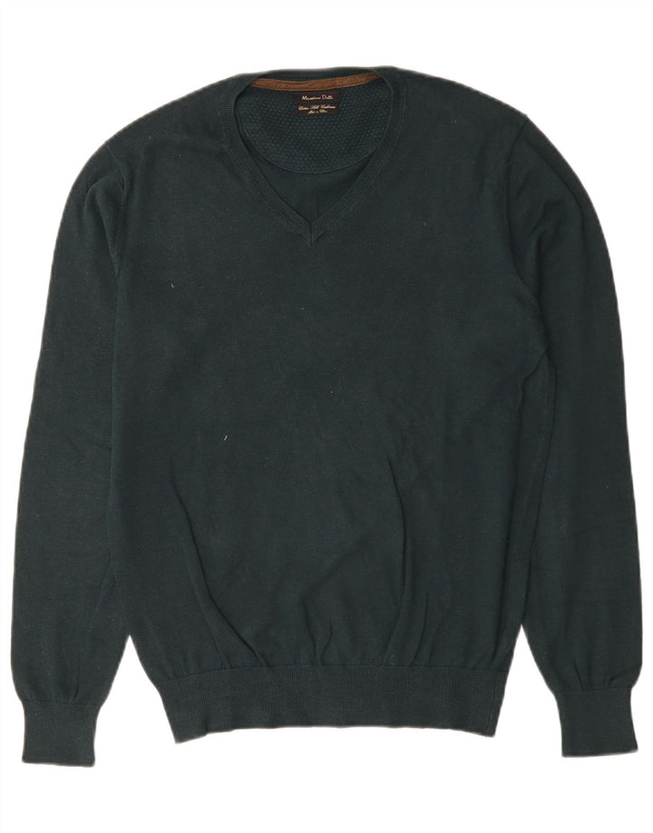 Massimo Dutti Herren-Pullover mit V-Ausschnitt, Größe S, grüne Baumwolle