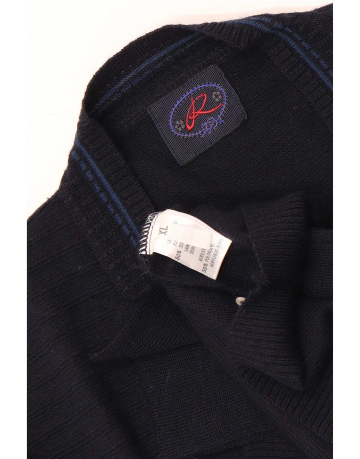 Vintage Herren Grafischer Cardigan Pullover XL Marineblaue Wolle