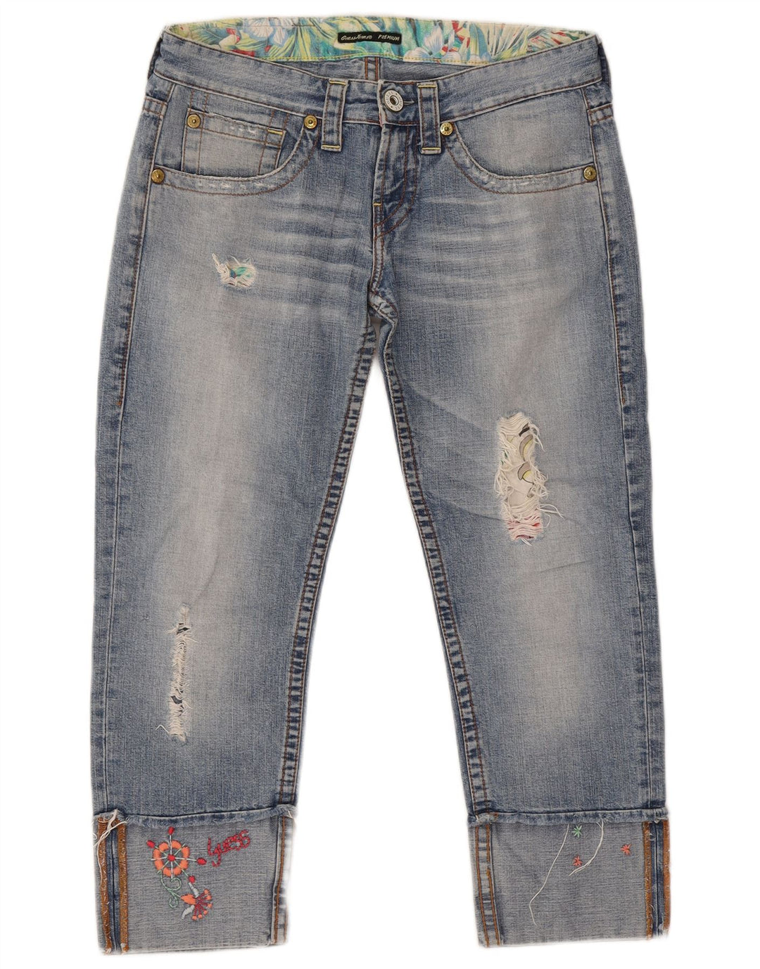 Guess Damen-Jeans im Used-Look, kurz geschnitten, W28, L24, blaue Baumwolle