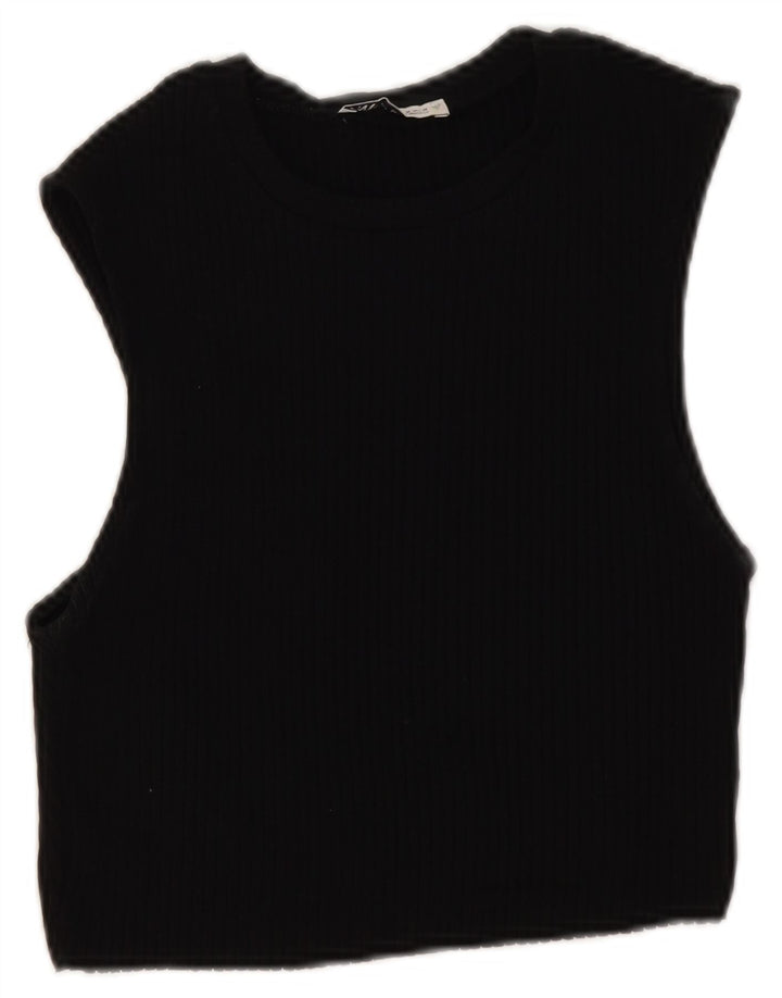 Zara Damen Ärmelloses Crop Top UK 12 Mittelschwarze Baumwolle