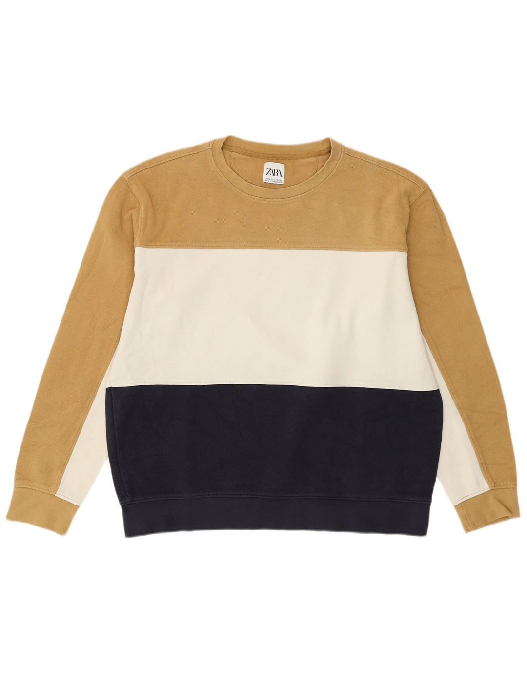 Zara Herren-Sweatshirt-Pullover, groß, beige, Colourblock-Baumwolle